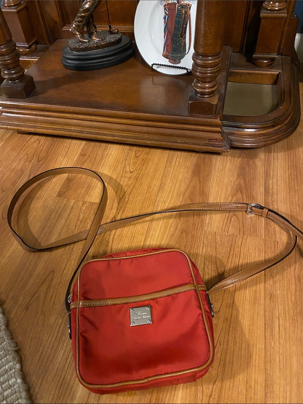 LRL Red Nylon Messenger /Crossbody with Tan Leather Trim